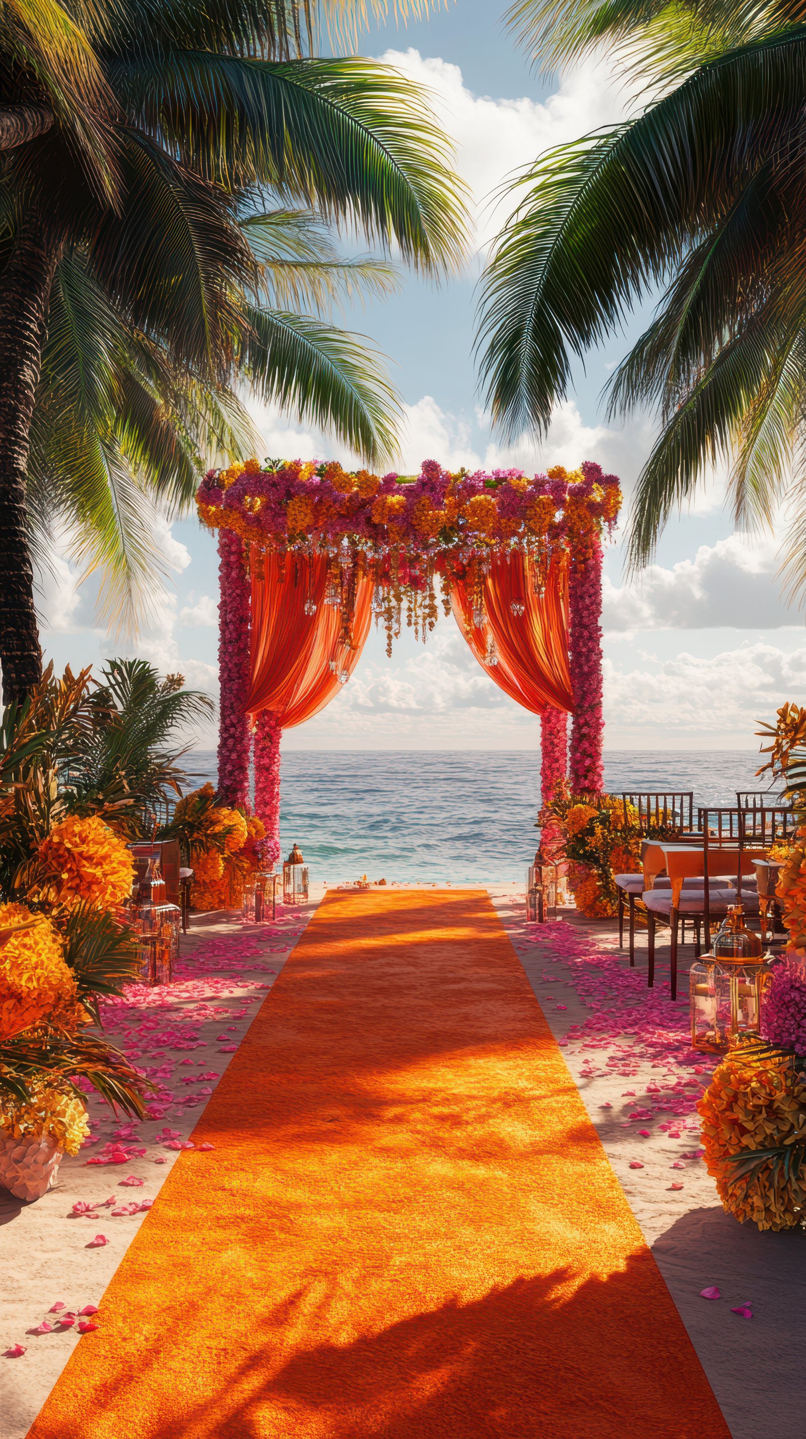 Beautiful beach wedding setup adorned with vibrant flowers and an ocean backdrop during the day